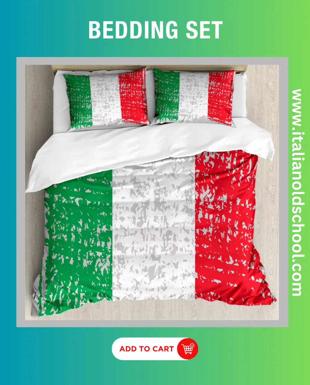 Cozy bedding set featuring a vibrant Italian flag print, adding a stylish and patriotic touch to any bedroom decor. Italian old schol