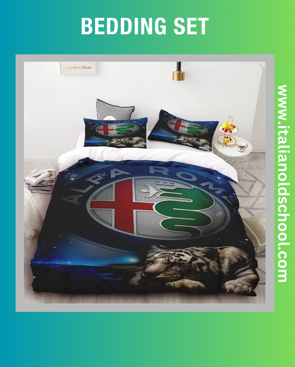Elegant bedding set featuring classic Alfa Romeo designs, ideal for fans of Italian automotive excellence. This set includes a duvet cover and pillowcases adorned with iconic Alfa Romeo motifs, adding a stylish and nostalgic touch to any bedroom. Italian old school