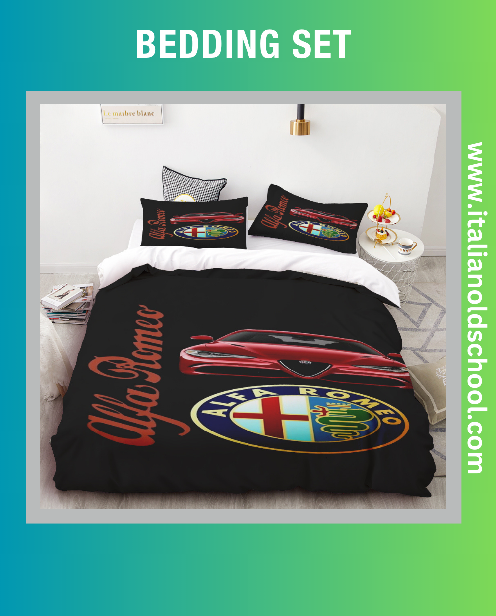 Elegant bedding set featuring classic Alfa Romeo designs, ideal for fans of Italian automotive excellence. This set includes a duvet cover and pillowcases adorned with iconic Alfa Romeo motifs, adding a stylish and nostalgic touch to any bedroom. Italian old school