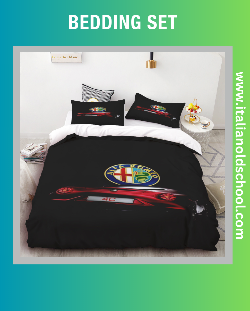 Elegant bedding set featuring classic Alfa Romeo designs, ideal for fans of Italian automotive excellence. This set includes a duvet cover and pillowcases adorned with iconic Alfa Romeo motifs, adding a stylish and nostalgic touch to any bedroom. Italian old school