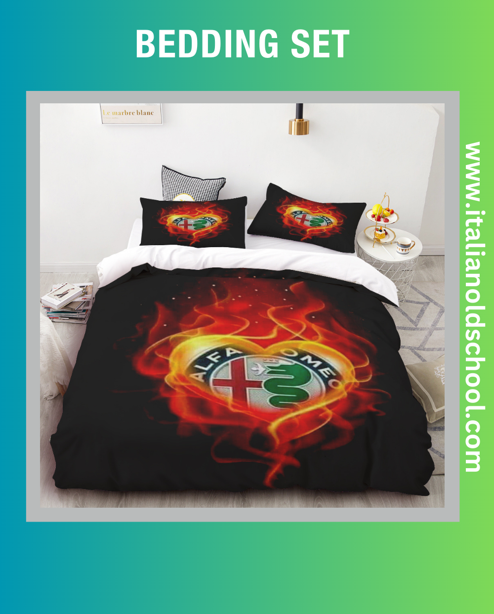 Elegant bedding set featuring classic Alfa Romeo designs, ideal for fans of Italian automotive excellence. This set includes a duvet cover and pillowcases adorned with iconic Alfa Romeo motifs, adding a stylish and nostalgic touch to any bedroom. Italian old school