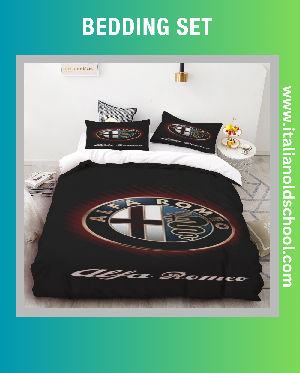Elegant bedding set featuring classic Alfa Romeo designs, ideal for fans of Italian automotive excellence. This set includes a duvet cover and pillowcases adorned with iconic Alfa Romeo motifs, adding a stylish and nostalgic touch to any bedroom. Italian old school