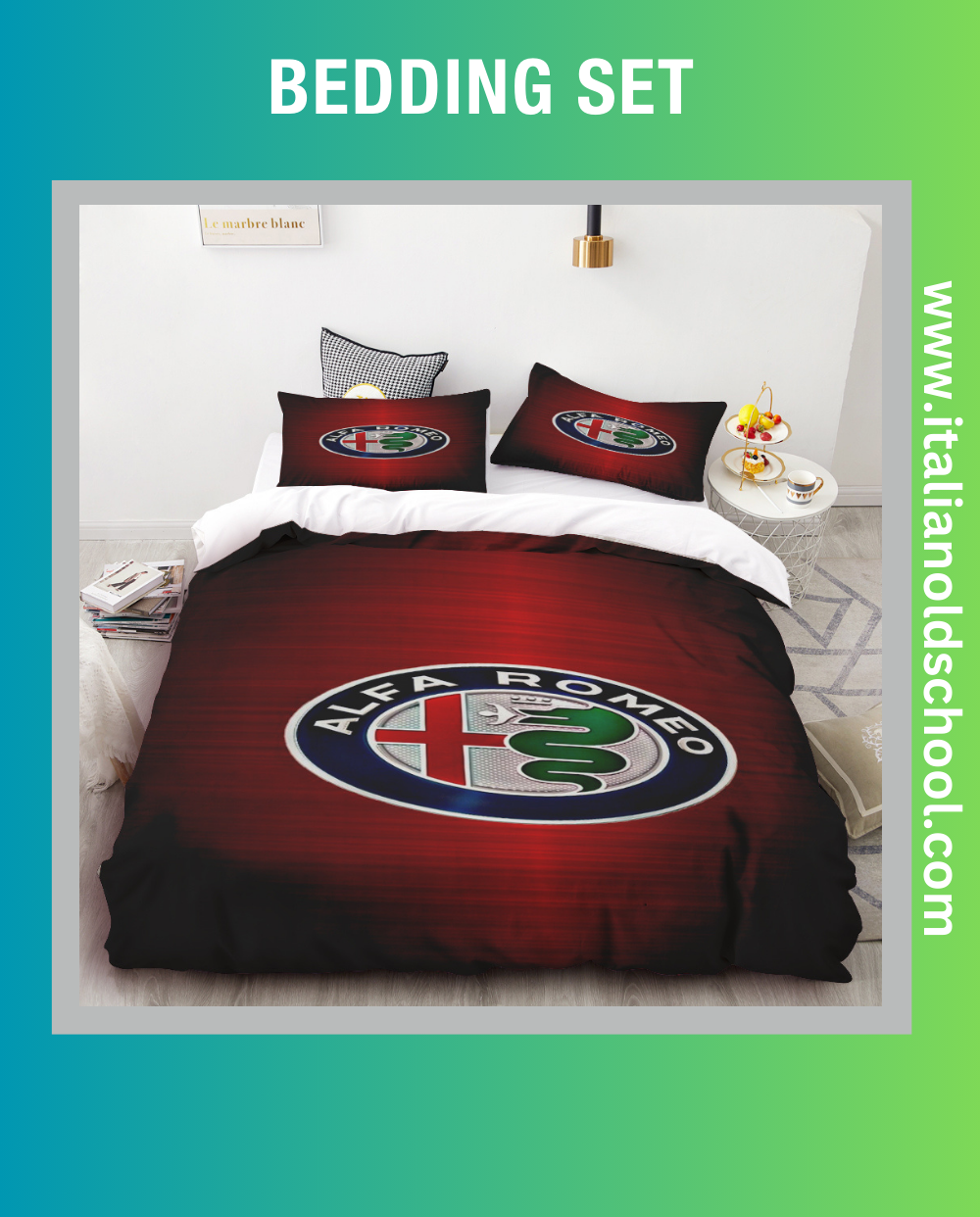 Elegant bedding set featuring classic Alfa Romeo designs, ideal for fans of Italian automotive excellence. This set includes a duvet cover and pillowcases adorned with iconic Alfa Romeo motifs, adding a stylish and nostalgic touch to any bedroom. Italian old school