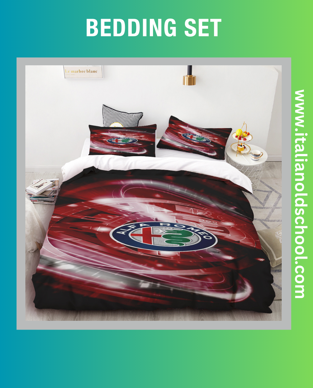 Elegant bedding set featuring classic Alfa Romeo designs, ideal for fans of Italian automotive excellence. This set includes a duvet cover and pillowcases adorned with iconic Alfa Romeo motifs, adding a stylish and nostalgic touch to any bedroom. Italian old school