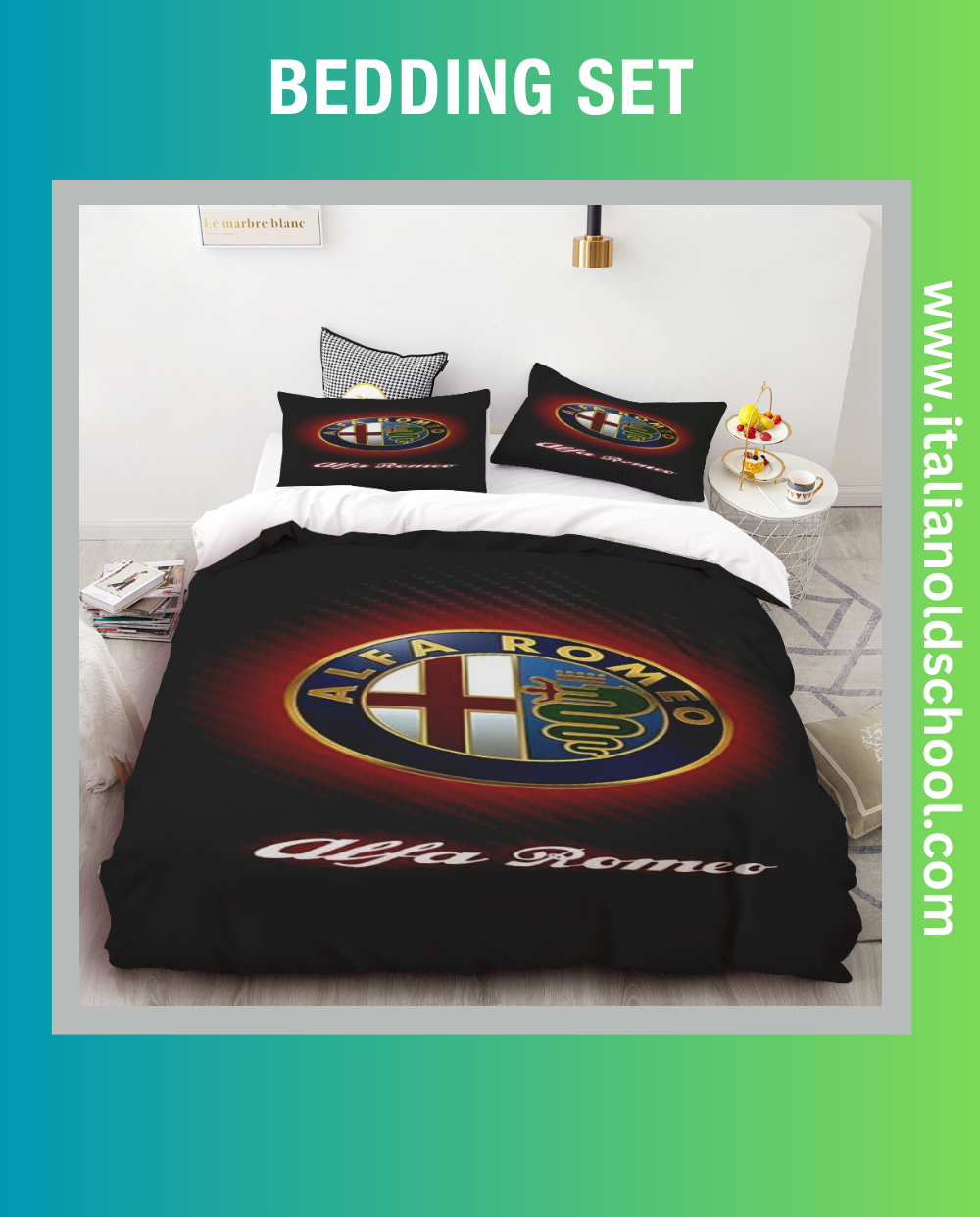 Elegant bedding set featuring classic Alfa Romeo designs, ideal for fans of Italian automotive excellence. This set includes a duvet cover and pillowcases adorned with iconic Alfa Romeo motifs, adding a stylish and nostalgic touch to any bedroom. Italian old school