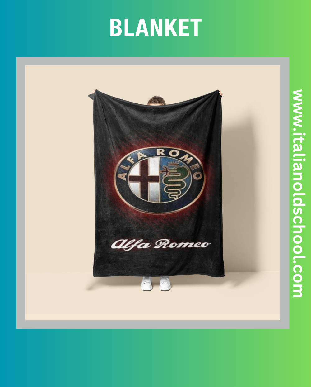 Cozy blanket featuring classic Alfa Romeo designs, perfect for Italian car enthusiasts. This soft and stylish blanket showcases iconic Alfa Romeo elements, adding a touch of automotive heritage to any space. Italian old school.