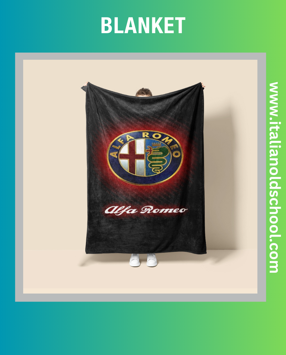 Cozy blanket featuring classic Alfa Romeo designs, perfect for Italian car enthusiasts. This soft and stylish blanket showcases iconic Alfa Romeo elements, adding a touch of automotive heritage to any space. Italian old school.