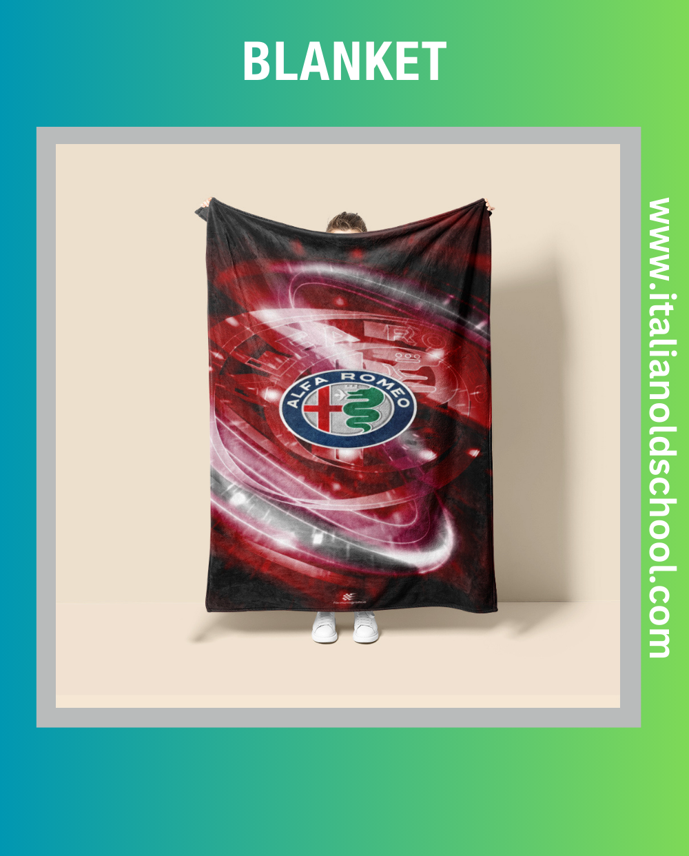 Cozy blanket featuring classic Alfa Romeo designs, perfect for Italian car enthusiasts. This soft and stylish blanket showcases iconic Alfa Romeo elements, adding a touch of automotive heritage to any space. Italian old school.
