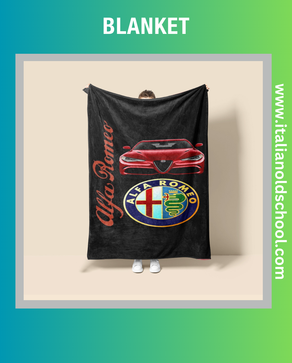 Cozy blanket featuring classic Alfa Romeo designs, perfect for Italian car enthusiasts. This soft and stylish blanket showcases iconic Alfa Romeo elements, adding a touch of automotive heritage to any space. Italian old school.