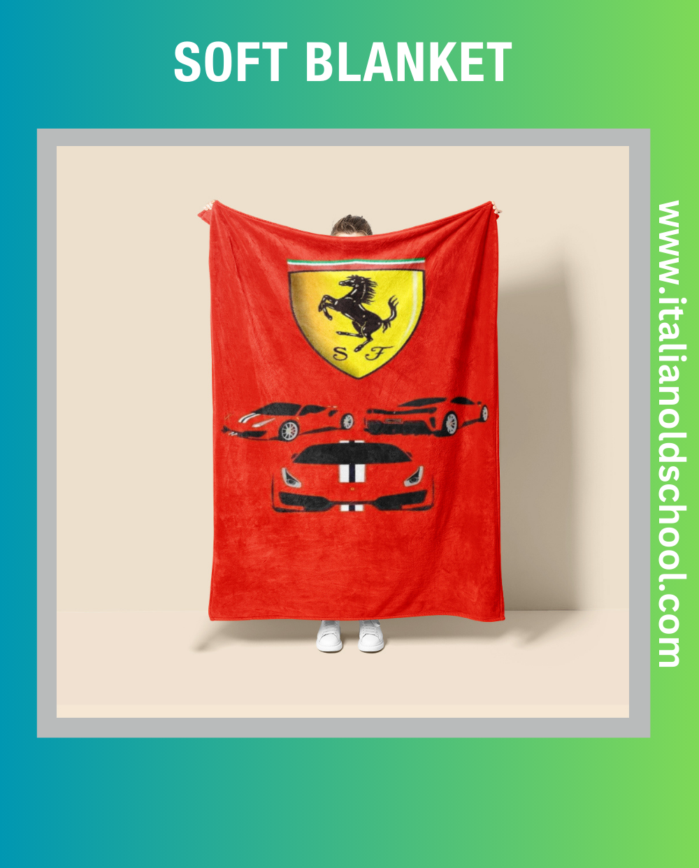 Soft and stylish blanket featuring classic Ferrari motifs, perfect for Italian car enthusiasts. This high-quality blanket showcases iconic Ferrari designs, making it an ideal addition to any vintage car lover's home decor. Cozy up with a touch of Italian automotive elegance. Italian old school