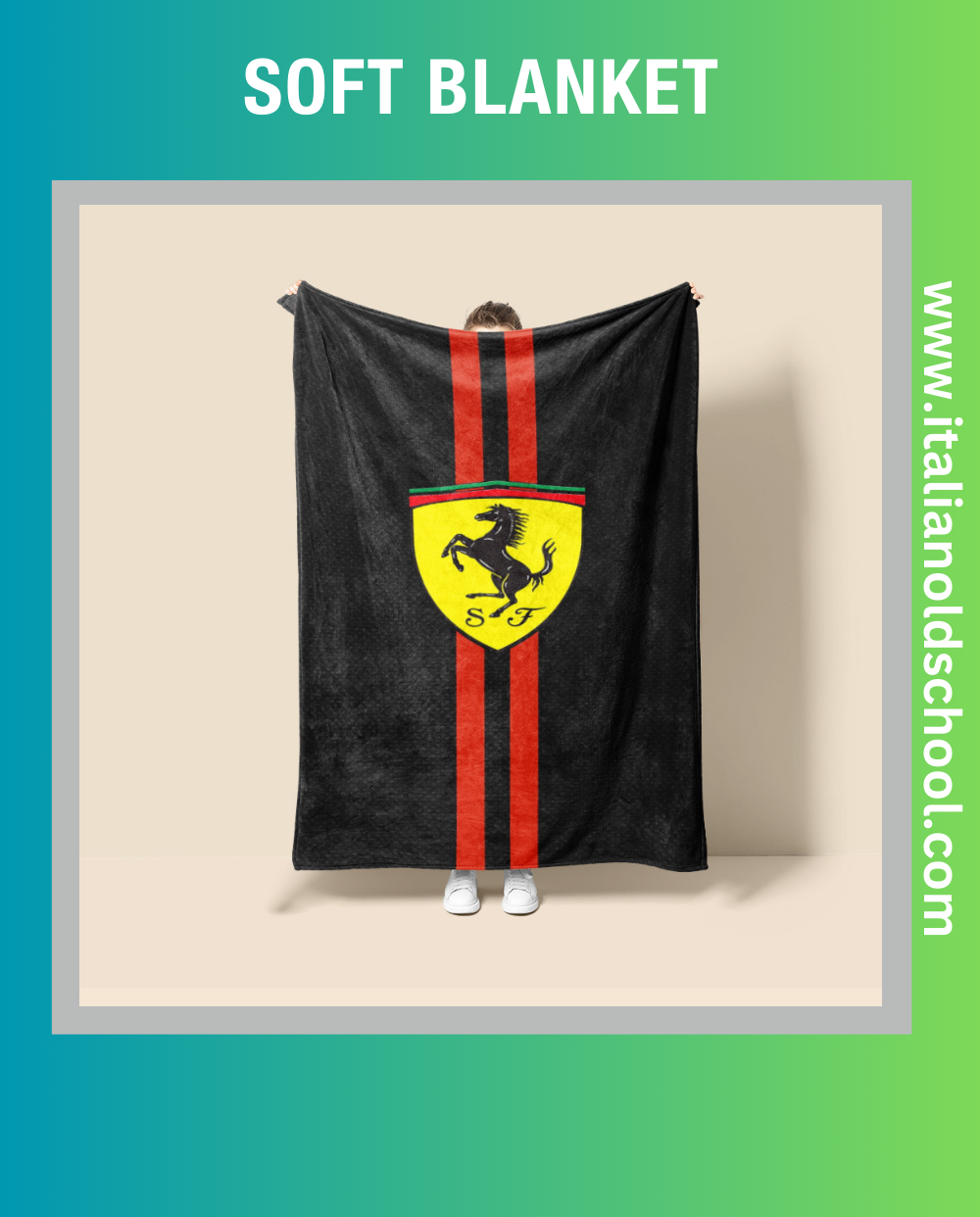 Soft and stylish blanket featuring classic Ferrari motifs, perfect for Italian car enthusiasts. This high-quality blanket showcases iconic Ferrari designs, making it an ideal addition to any vintage car lover's home decor. Cozy up with a touch of Italian automotive elegance. Italian old school