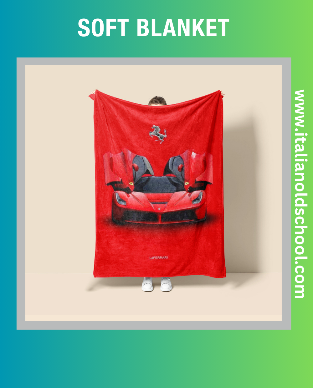 Soft and stylish blanket featuring classic Ferrari motifs, perfect for Italian car enthusiasts. This high-quality blanket showcases iconic Ferrari designs, making it an ideal addition to any vintage car lover's home decor. Cozy up with a touch of Italian automotive elegance. Italian old school
