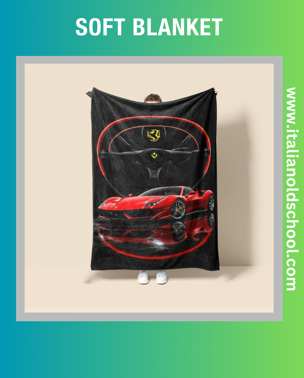 Soft and stylish blanket featuring classic Ferrari motifs, perfect for Italian car enthusiasts. This high-quality blanket showcases iconic Ferrari designs, making it an ideal addition to any vintage car lover's home decor. Cozy up with a touch of Italian automotive elegance. Italian old school