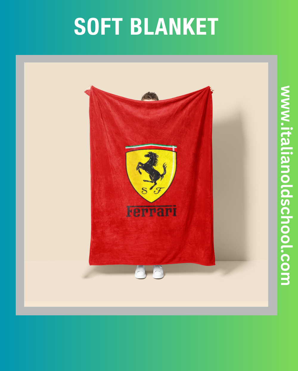 Soft and stylish blanket featuring classic Ferrari motifs, perfect for Italian car enthusiasts. This high-quality blanket showcases iconic Ferrari designs, making it an ideal addition to any vintage car lover's home decor. Cozy up with a touch of Italian automotive elegance. Italian old school