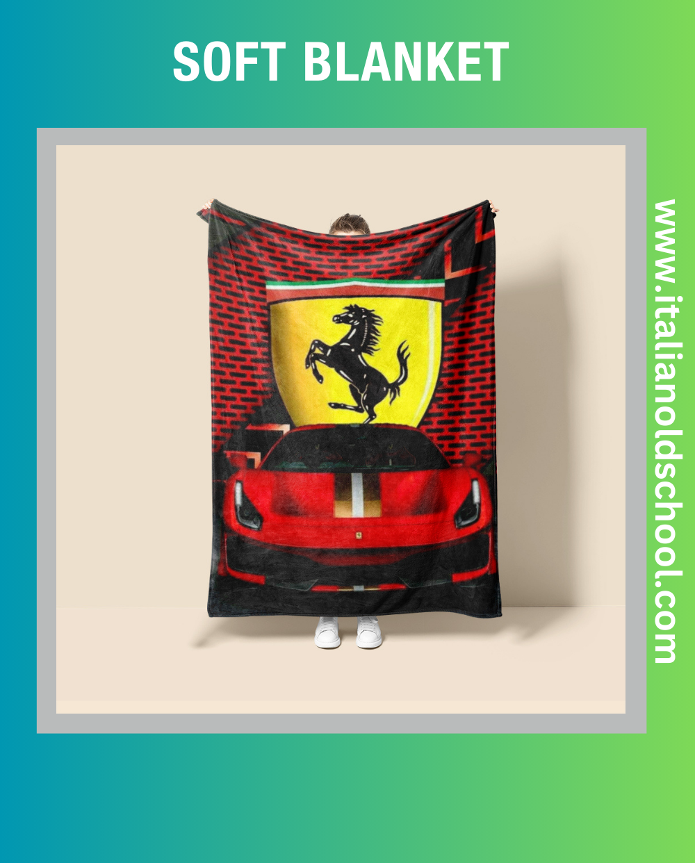 Soft and stylish blanket featuring classic Ferrari motifs, perfect for Italian car enthusiasts. This high-quality blanket showcases iconic Ferrari designs, making it an ideal addition to any vintage car lover's home decor. Cozy up with a touch of Italian automotive elegance. Italian old school