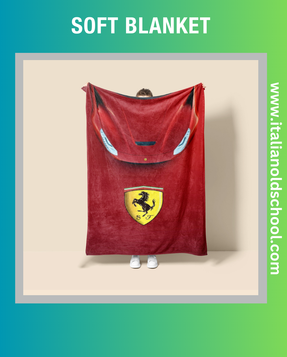 Soft and stylish blanket featuring classic Ferrari motifs, perfect for Italian car enthusiasts. This high-quality blanket showcases iconic Ferrari designs, making it an ideal addition to any vintage car lover's home decor. Cozy up with a touch of Italian automotive elegance. Italian old school