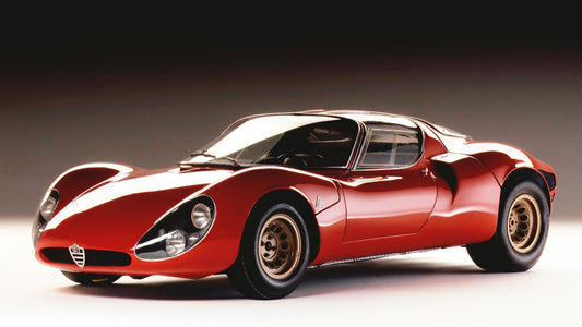 The mid-engined Alfa Romeo 33 Stradale, often considered one of the prettiest cars ever made, with only 18 road-going versions built between 1967 and 1969, showcasing its stunning design and racing pedigree. italian old school