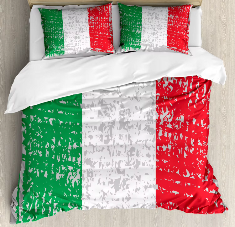 Cozy bedding set featuring a vibrant Italian flag print, adding a stylish and patriotic touch to any bedroom decor.