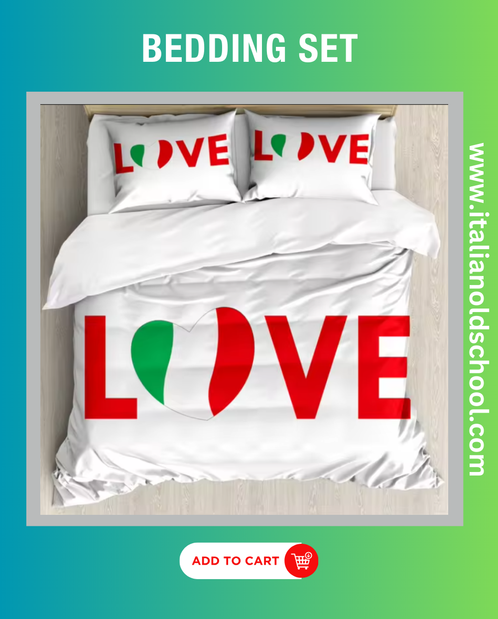 Cozy bedding set featuring a vibrant Italian flag print, adding a stylish and patriotic touch to any bedroom decor. Italian old schol