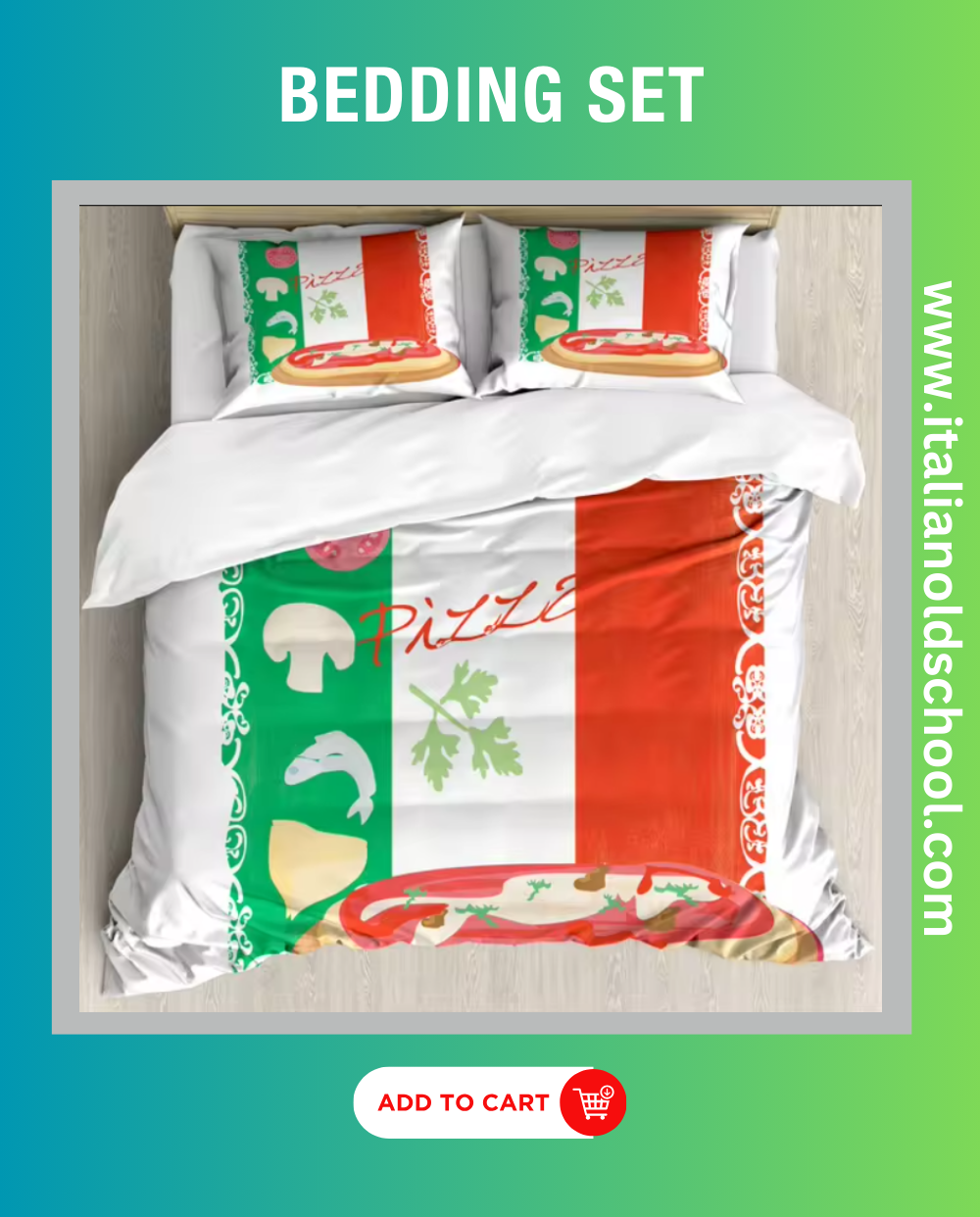 Cozy bedding set featuring a vibrant Italian flag print, adding a stylish and patriotic touch to any bedroom decor. Italian old schol