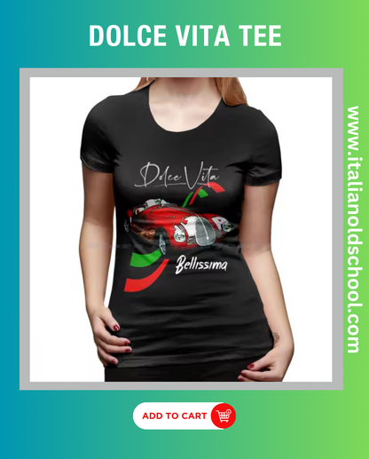 Dolce Vita women’s t-shirt featuring a stylish Fiat 500 design, embodying classic Italian charm with its elegant print and soft cotton material, perfect for fans of vintage automotive culture. italian old school