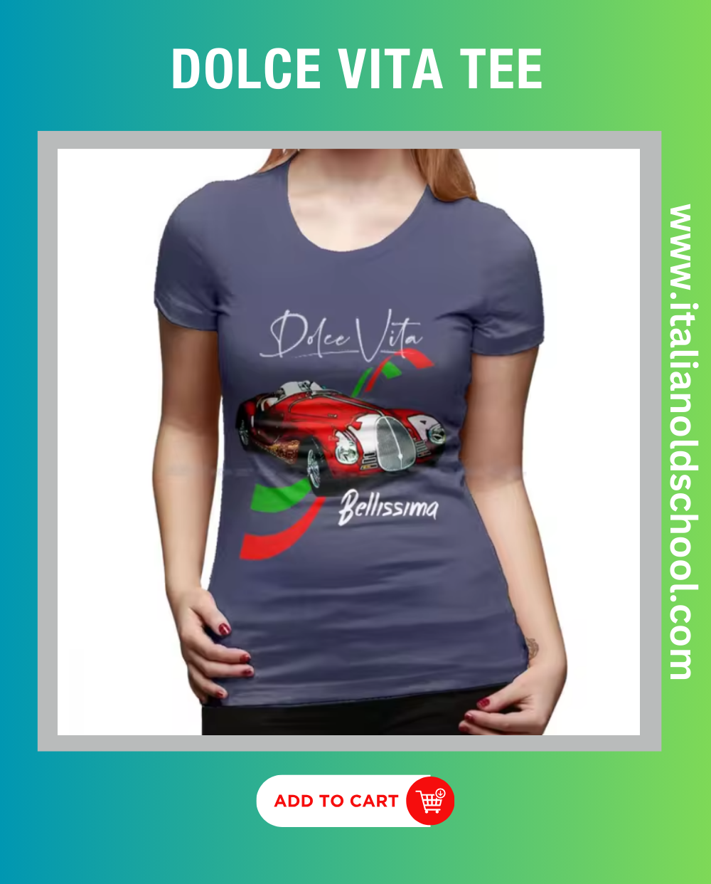 Dolce Vita women’s t-shirt featuring a stylish Fiat 500 design, embodying classic Italian charm with its elegant print and soft cotton material, perfect for fans of vintage automotive culture. italian old school