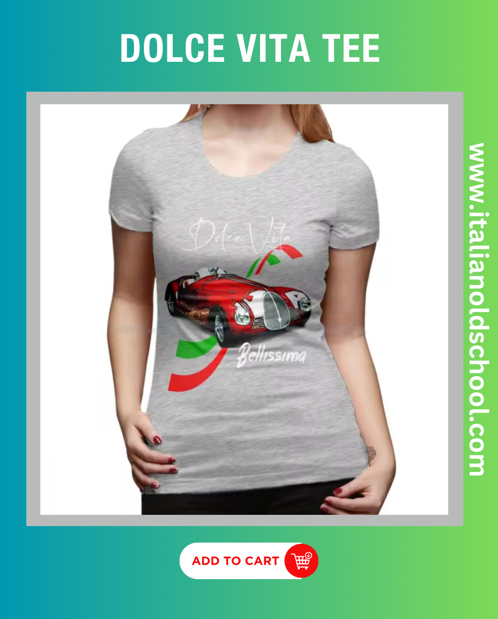 Dolce Vita women’s t-shirt featuring a stylish Fiat 500 design, embodying classic Italian charm with its elegant print and soft cotton material, perfect for fans of vintage automotive culture. italian old school