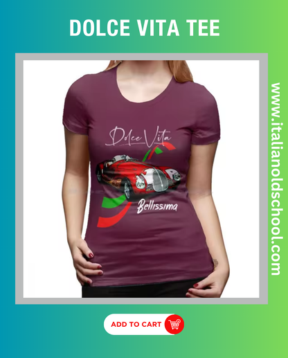 Dolce Vita women’s t-shirt featuring a stylish Fiat 500 design, embodying classic Italian charm with its elegant print and soft cotton material, perfect for fans of vintage automotive culture. italian old school