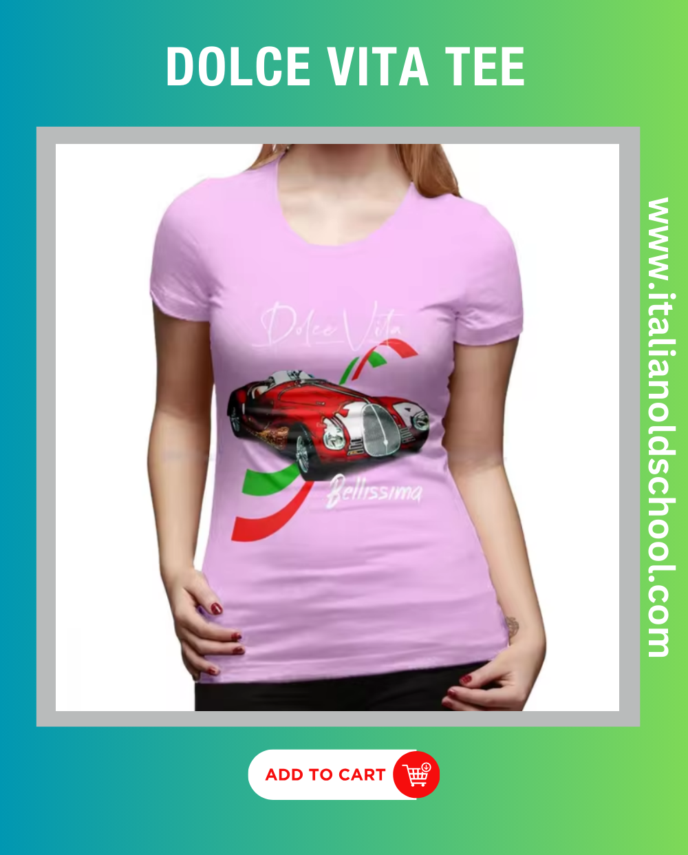 Dolce Vita women’s t-shirt featuring a stylish Fiat 500 design, embodying classic Italian charm with its elegant print and soft cotton material, perfect for fans of vintage automotive culture. italian old school