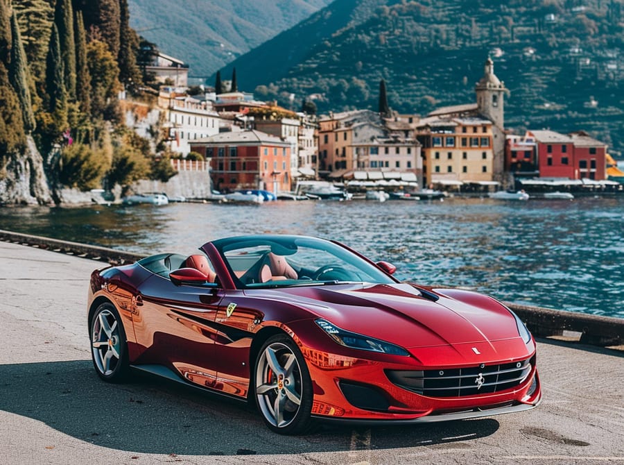 Ferrari sports car parked lake Como, blending luxury and iconic Italian design against a historic city backdrop. Italian old school