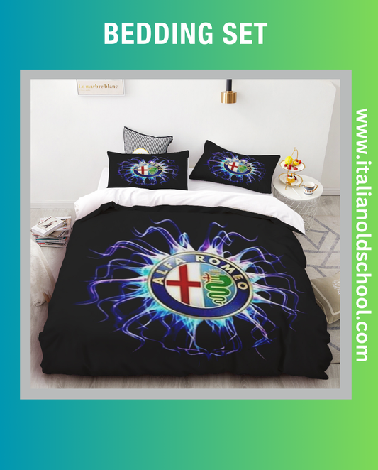 Elegant bedding set featuring classic Alfa Romeo designs, ideal for fans of Italian automotive excellence. This set includes a duvet cover and pillowcases adorned with iconic Alfa Romeo motifs, adding a stylish and nostalgic touch to any bedroom. Italian Old school