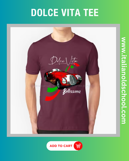 Man wearing Dolce Vita Bellissima tee featuring a classic Italian car design, showcasing timeless elegance and style. Italian old school