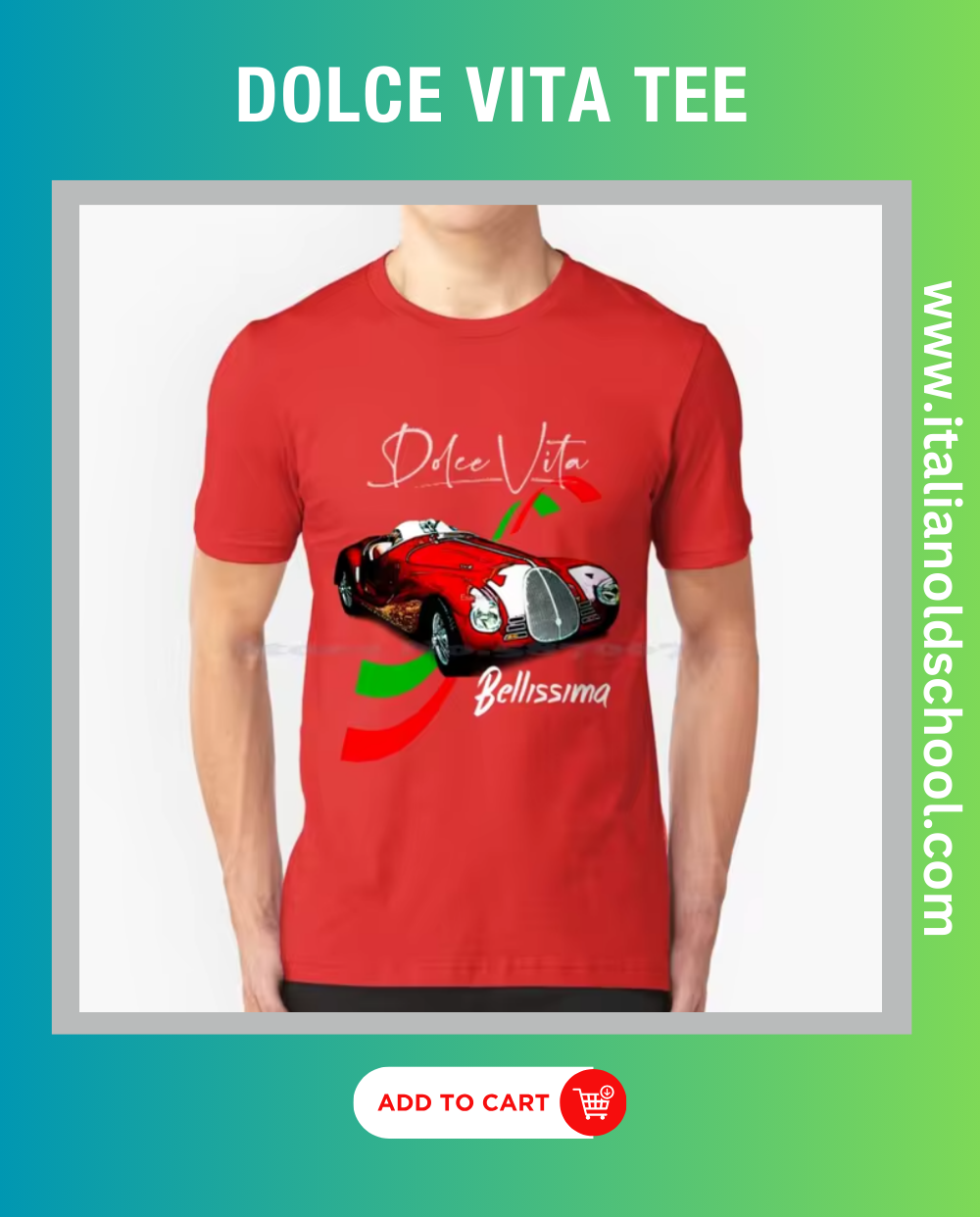 Man wearing Dolce Vita Bellissima tee featuring a classic Italian car design, showcasing timeless elegance and style. Italian old school