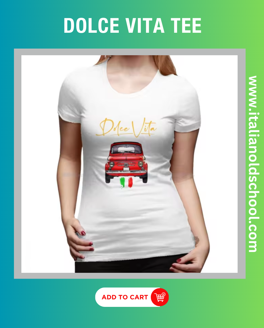 Woman wearing a Dolce Vita tee featuring a classic Italian Fiat 500 design, showcasing timeless automotive elegance and style. Italian old school