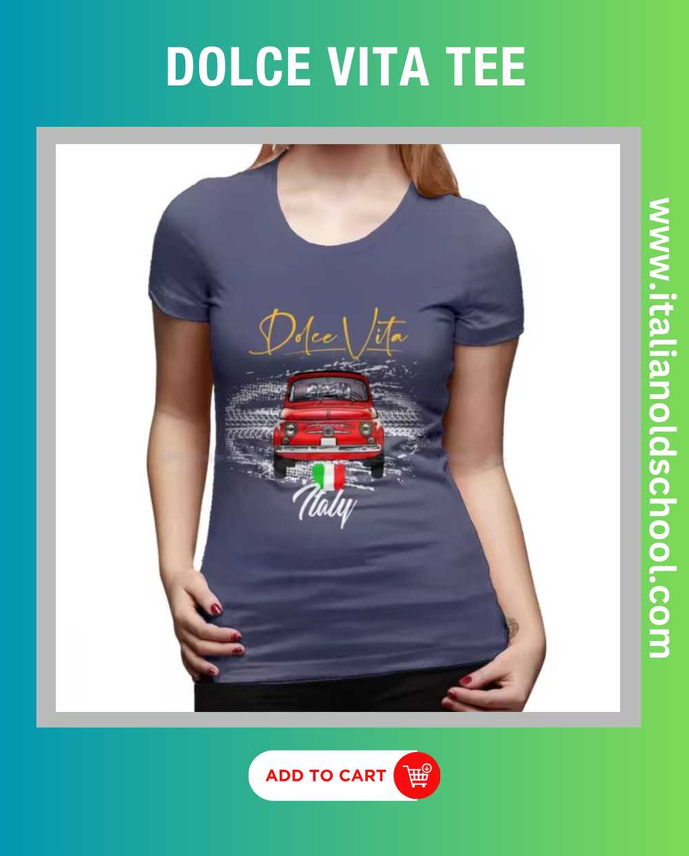 Woman wearing a Dolce Vita tee featuring a classic Italian Fiat 500 design, showcasing timeless automotive elegance and style. Italian old school