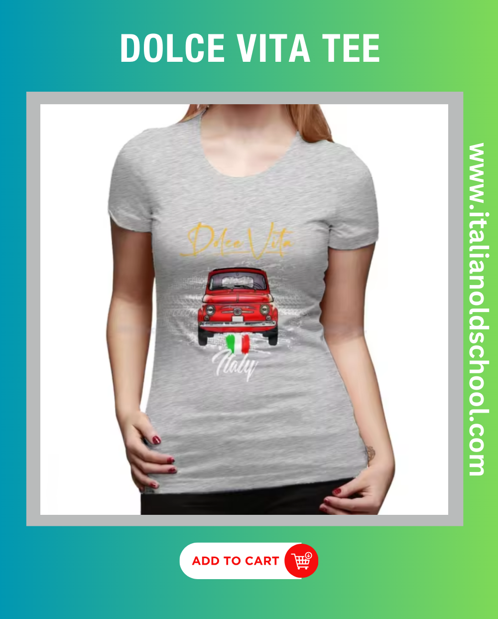 Woman wearing a Dolce Vita tee featuring a classic Italian Fiat 500 design, showcasing timeless automotive elegance and style. Italian old school