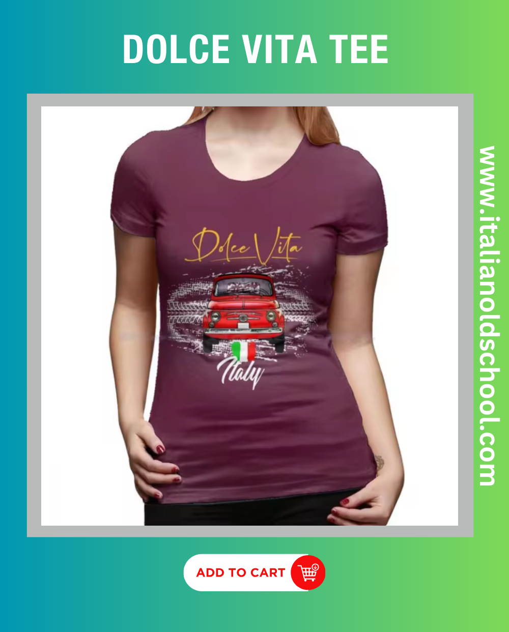 Woman wearing a Dolce Vita tee featuring a classic Italian Fiat 500 design, showcasing timeless automotive elegance and style. Italian old school