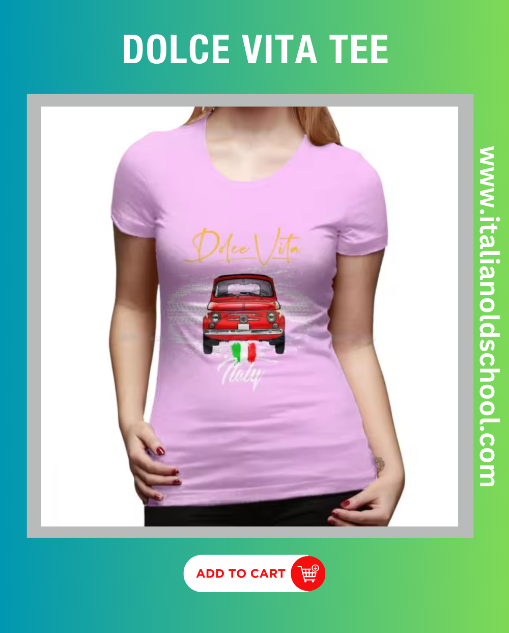 Woman wearing a Dolce Vita tee featuring a classic Italian Fiat 500 design, showcasing timeless automotive elegance and style. Italian old school