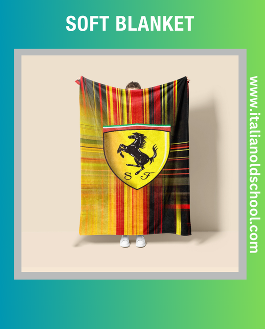 Soft and stylish blanket featuring classic Ferrari motifs, perfect for Italian car enthusiasts. This high-quality blanket showcases iconic Ferrari designs, making it an ideal addition to any vintage car lover's home decor. Cozy up with a touch of Italian automotive elegance. Italian old school